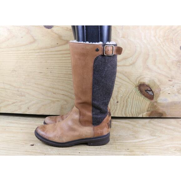 UGG Boots Womens 8.5 Brown Leather Janina Fur Lined Snow boots Zip Up Tall - Picture 1 of 11